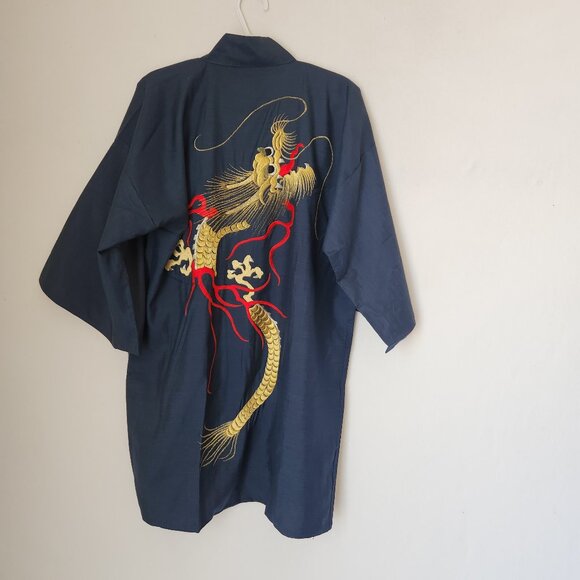Japanese Dragon Embroidered Silk Kimono Robe Belt Blue Men's Made in Japan - Picture 6 of 12
